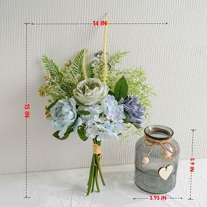 Fake Summer Flowers with Vase, Artificial Blue Dahlia & Rose Arrangement - color: Blue & Green