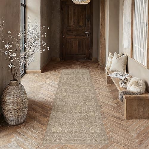 HUGEAR 2x8 Light Brown Vintage Floral Washable Runner Rug for Hallway - color: Light Brown, size: 2' x 8' (Runner)