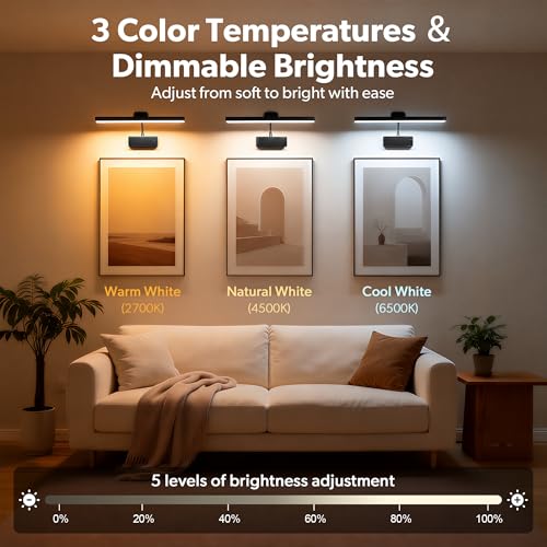3 Pack Picture Light for Wall, 15'' Wireless Rechargeable 5000mAh Art Light with Remote, Dimmable Magnetic LED Painting Light, Battery Operated Wall Light for Display Gallery, Hallway, Living Room