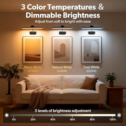 3 Pack Picture Light for Wall, 15'' Wireless Rechargeable 5000mAh Art Light with Remote, Dimmable Magnetic LED Painting Light, Battery Operated Wall Light for Display Gallery, Hallway, Living Room