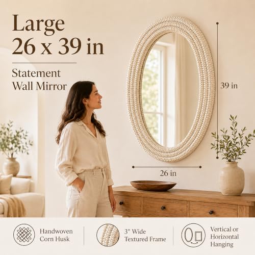 26"x39" Oval Wall Mirror, Handwoven Corn Husk, Whitewashed