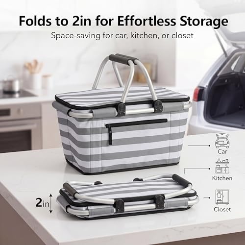 SIYUAN 30L Picnic Basket with Handles Leakproof Large Stripped Insulated Cooler Grocery Shopping Market Tote for Family Gray White - color: Gray White