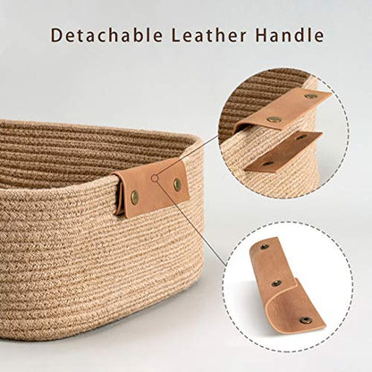 CHICVITA Large Woven Rope Gift Basket with Leather Handles, 20L, Jute - color: Jute, size: 14.5 x 13 x 6 Inch