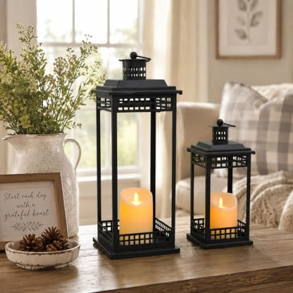2 Pcs Decorative Lanterns Indoor, Black Lanterns with Candle for Home Decor - size: 17in and 11in