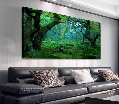 Green Forest Canvas Wall Art Living Room Decoration Big Trees Nature Picture Large Modern Canvas Artwork Contemporary Woods Mossy Rock Spring Season Prints for Kitchen Office Home Decoration 24" x 48" - color: Green Forest, size: 48"L x 24"W