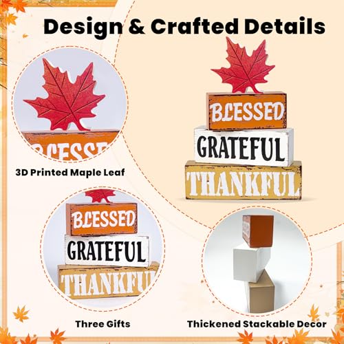 OLANRUN Thanksgiving Fall Decorations for Home, 4 PCS Wooden Fall Table Decor with Letter, Handmade Crafts Autumn Thanksgiving Decor Indoor for Office Farmhouse Home Bedroom Kitchen Mantel Tiered Tray - style: FALL - Maple Leaves