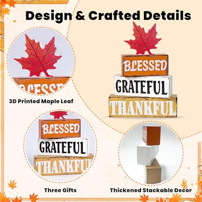 OLANRUN Thanksgiving Fall Decorations for Home, 4 PCS Wooden Fall Table Decor with Letter, Handmade Crafts Autumn Thanksgiving Decor Indoor for Office Farmhouse Home Bedroom Kitchen Mantel Tiered Tray - style: FALL - Maple Leaves