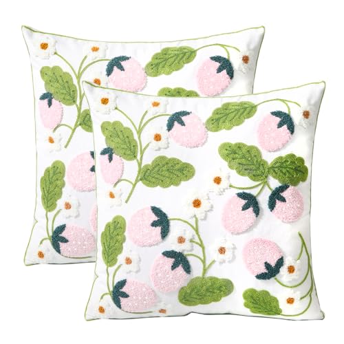 Pack of 2 Embroidered Throw Pillows Cover 18x18 Inch Decorative Pillowcase for Living Room Sofa Bed (Pink Strawberry) - color: Pink Strawberry