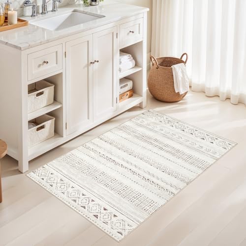 cotiled Washable 3x5 Entryway Rugs: Boho Moroccan Soft Small Rug - color: Light Brown/Cream, size: 3' x 5' (Rectangular)