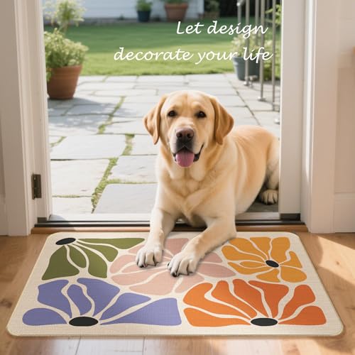Abstract Boho Floral Faux Linen Door Mat, Modern Minimalist Colorful Flower Doormat Outdoor Indoor Entrance Porch, Mid Century Modern Welcome Mats for Front Door, 17x30 Inch - color: Boho 1