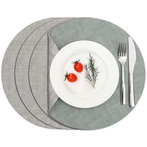 Myir JUN 14" Round Placemats Set of 4, Reversible Dual-Color Place Mats - color: Light Gray Sage Green
