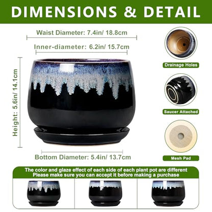 Ceramic Plant Pots 7 Inch, Ceramic Planter with Saucer, Black-Blue - size: 7 Inch, style: Black-blue