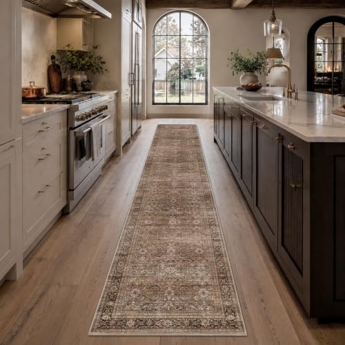 Schweek 2x12 Runner Rug Non-Slip Washable Neutral Rugs for Kitchen Brown - color: Brown, size: 2' x 12' (Runner)