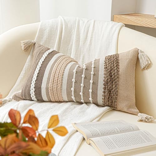BlissBlush Decorative Lumbar Throw Pillow Cover 12x20 Boho Brown Accent Cushion for Couch Sofa Farmhouse Pillowcase for Bedroom Living Room Home Décor Cover ONLY - color: Brown, size: 20" x 12" (Pack of 1)