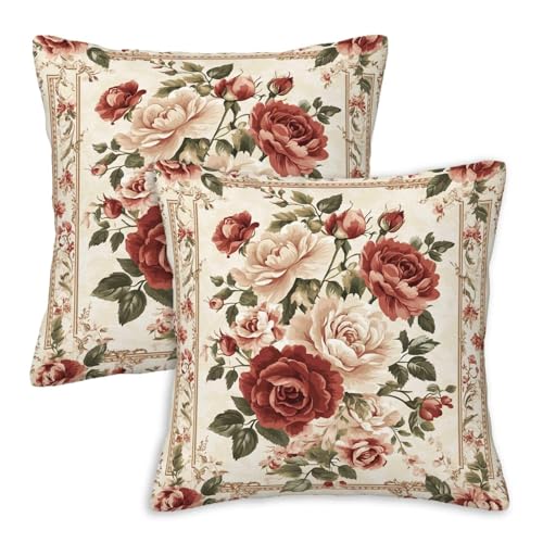 Firmiso Burgundy Cream Rose Floral Throw Pillow Covers 18x18 Set of 2, Vintage French Country Decorative Cushion Covers, Shabby Chic Cottagecore Flower Pillow Cases for Couch Sofa Bedroom Home Decor - color: Vintage Rose