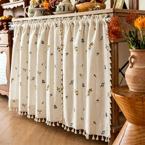 Farmhouse Floral Linen Kitchen Curtain with Tassels 36 Inch Length, Boho Vintage Embroidery Flowers Country Botanical Cafe Curtain, Cute Cottagecore Aesthetic Small Short Panels for Bathroom Kitchen - size: 24"W x 36"L (Pack of 2)