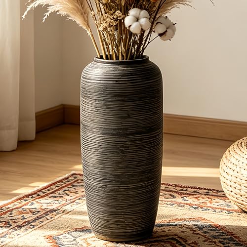 Brown Rustic Ceramic Floor Vase, 15.7 Inch, Ribbed Texture - size: 15.7 Inch