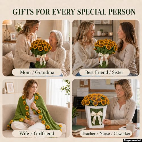 Sunflower Crochet Flower Bouquet Blanket, Handmade Knitted Throw Blanket - color: Green Sunflower, size: Medium