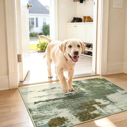 Kelarea Washable Entryway Rug 2x3, Non-Slip Low Pile Abstract Green - color: Green, size: 2' x 3' (Rectangular)