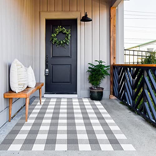 MUBIN Cotton Buffalo Plaid Rug, 4' x 6' Gray White Outdoor Rug Decorative Mat, Washable Large Doormat Hand-Woven Foldable Area Rug for Outdoor Patio Indoor Living Room Dining Room Kitchen - color: Gray White Plaid, size: 4' x 6' (Rectangular)