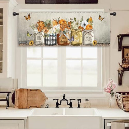 Miyotaa Autumn Fall Pumpkin Flower Kitchen Curtain Valance 54W x 18H Rod Pocket Farmhouse Rustic Harvest Checkered Country Plaid Positive Window Treatment for Living Room Bedroom Bathroom - color: Pumpkin Flower Butterfly, size: 54"W x 18"L (Pack of 1)