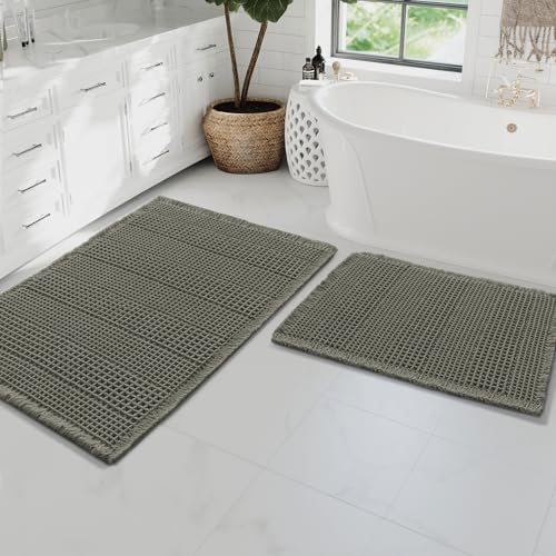 H.VERSAILTEX Waffle Bath Mat Super Absorbent Bathroom Mats Non Slip Bath Rugs for Bathroom Floor Machine Washable Ultra Soft Bathroom Rugs for Beside Tub, (32 x 20 Plus 24 x 17 - Inches, Smokey Olive) - color: Smokey Olive, size: 20" x 32" Plus 17" x 24"