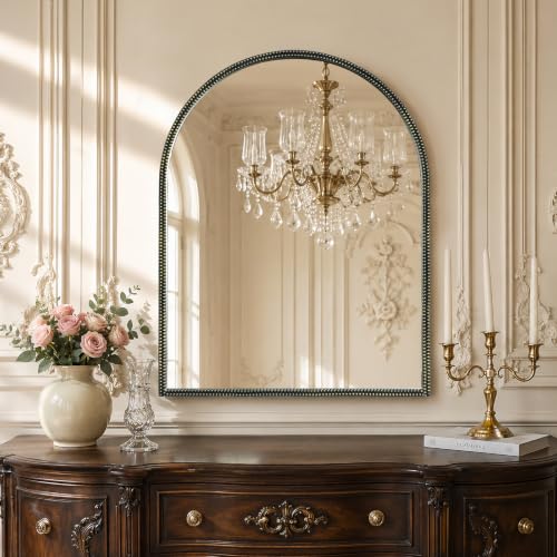 HOMECOOKIN Black Vintage Arched Mirror, 36x28 Inch Vanity Wall Mirror with Antique Metal Beaded Ornate Frame, Baroque Decorative Mirror for Bathroom, Living Room, Fireplace, Entryway - color: Black-a, size: 36"L x 28"W
