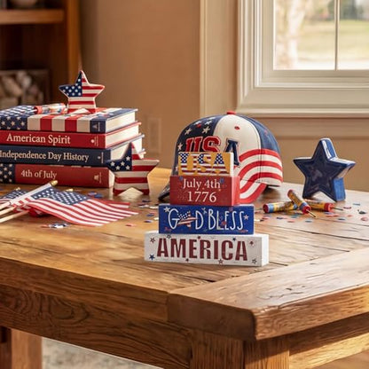Smile 4th of July 250th Anniversary Wooden Block Stack with USA Decor, 4-Piece Patriotic Tiered Tray Decor for Independence Day & Memorial Day - style: 250