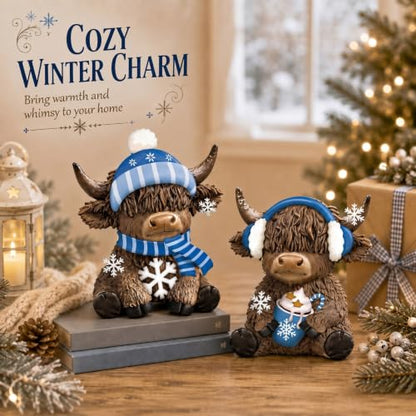 Karenhi 2 Pcs Highland Cow Figurines Resin Winter Decor for Tabletop - style: Winter