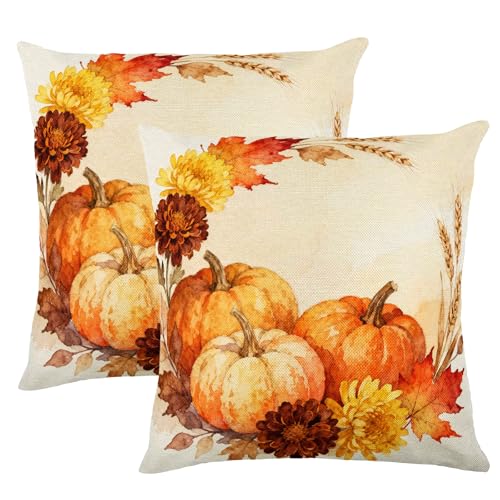 Chrysanthemum Wheat Maple Leaf Wreath Pumpkin Watercolor Throw Pillow Cover 18x18 Inch Set of 2 , Rustic Fall Harvest Farmhouse Linen Square Cushion Case, Thanksgiving Home Sofa Decor Pillowcase - color: Cream Brown