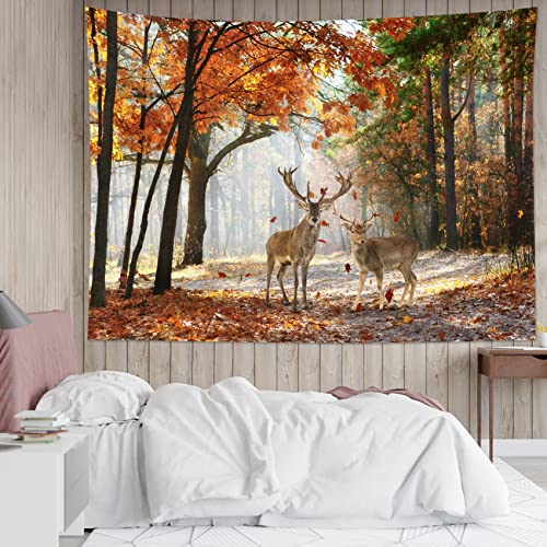 HVEST Fall Tapestry Deer in Orange Maple Tree Forest Wall Art for Bedroom Autumn Nature Landscape Wall Hanging Blanket Holiday Tapestry for Living Room Dorm Wall Decor, 60W X 40L inches - color: Orange, size: 40"L x 60"W