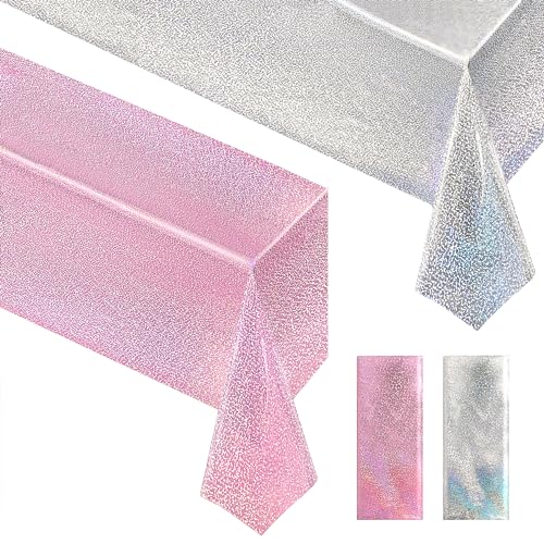 PalePink & Silver Holographic Tablecloth 40" x 108" Hot Pink Party Decoration Valentine's Day Birthday Party Table Decor Iridescence Plastic Table Cloth for Baby Shower Bachelorette Party Supplies - color: Palepink & Silver