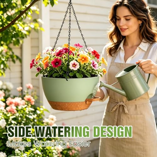 12 Inch Large Self Watering Hanging Planters 2 Pack with Saucers - color: Green Brown, size: 12 Inch 2 Pack