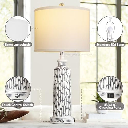 QiMH 26" Table Lamps Set of 2, Modern Bedside Lamps with USB A+C Ports, 3-Way Dimmable Touch Control & White Shade, Coastal White Gray Nightstand Lamp for Living Room Bedroom, Included 2700K LED Bulbs - color: Gray white