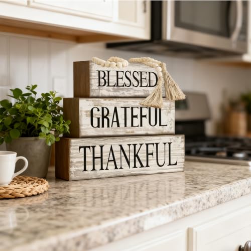 Yuntau 4 Pcs Farmhouse Table Decor Rustic Stacked Wooden Block Sign - style: Blessed