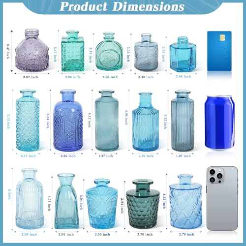 Set of 15 Blue Glass Bud Vases Small Textured Flower Vases - color: Blue