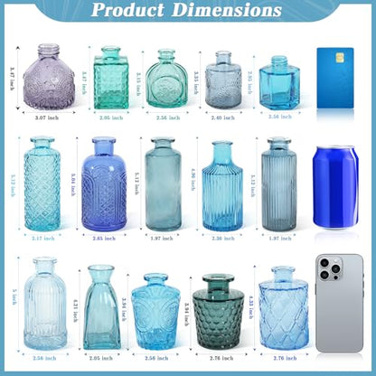 Set of 15 Blue Glass Bud Vases Small Textured Flower Vases - color: Blue