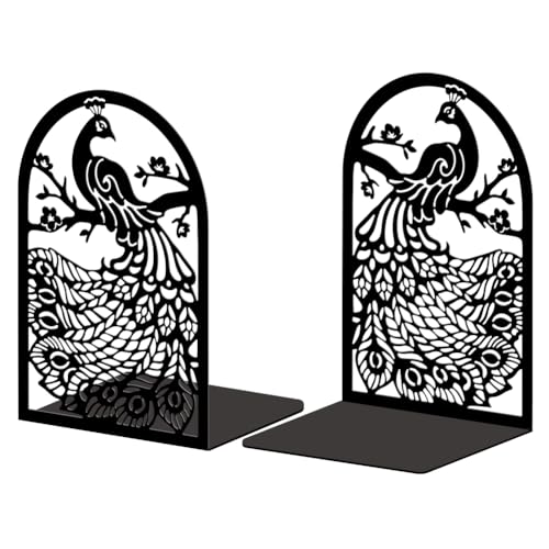 Peacoblue 5.3"x4.3"x7.9" Metal Bookends, Heavy Duty Book Ends for Shelves - style: Peacock