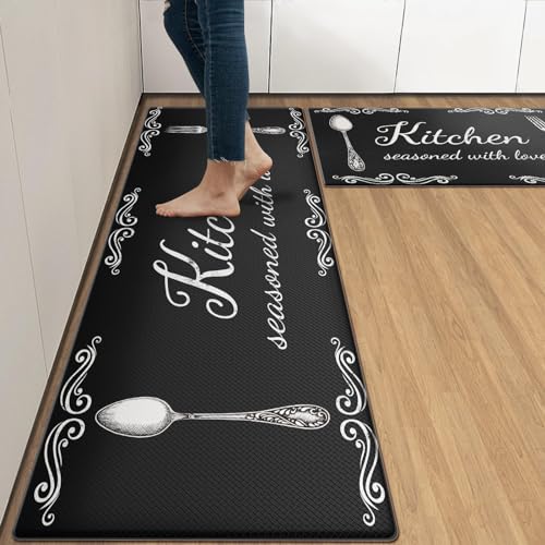 Arttown Anti-Fatigue Kitchen Rug Set of 2, Waterproof Non-Slip, Farm Rustic - color: Black Tablespoon Kitchen Mat, size: 17.3 x 47 inch + 17.3 x 29 in