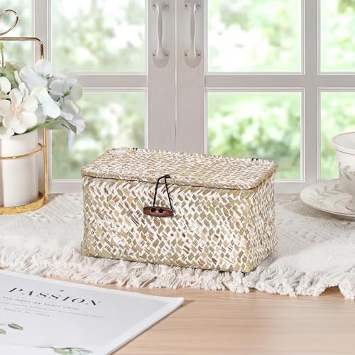 Handwoven Seagrass Basket Small Wicker Basket with Lid,7x4.3x 3.3" - color: Whitewash color, size: 7.0"L x 4.3"W x 3.3"H