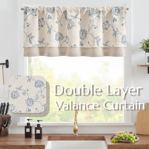 jinchan Linen Floral Valance Farmhouse 18 Inch 1 Panel Blue on Linen - color: Floral Blue on Linen