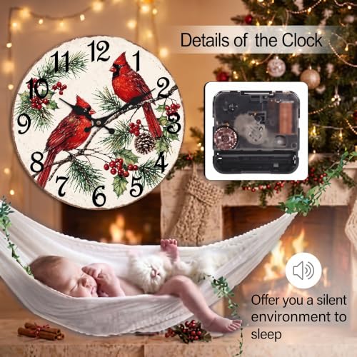 ArtSocket Round Wall Clock Silent Non-Ticking 12", Cardinal Christmas - color: Christmas Cardinal