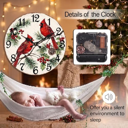 ArtSocket Round Wall Clock Silent Non-Ticking 12", Cardinal Christmas - color: Christmas Cardinal
