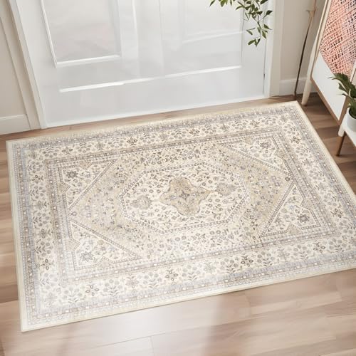 2x3 Washable Entryway Area Rug - Non-Slip Boho Throw Rugs Beige Gray - color: Beige/Gray, size: 2' x 3' (Rectangular)