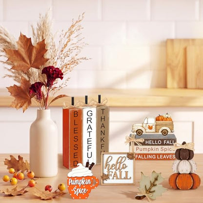 11 Pcs Fall Table Decorations Autumn Pumpkin Wooden Decorative Set Featuring Blessings Gratitude and Appreciation Sign for Thanksgiving Various Occasions Family Dining Kitchens Offices - style: Pumpkins