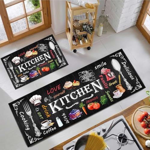 Kitchen Mats for Floor 2 Piece Set,Farmhouse Kitchen Rug Vintage Style Theme Decor,Absorbent Washable Non-Slip Floor Mats 17"x47"+17"x30" - color: Farmhouse Black a