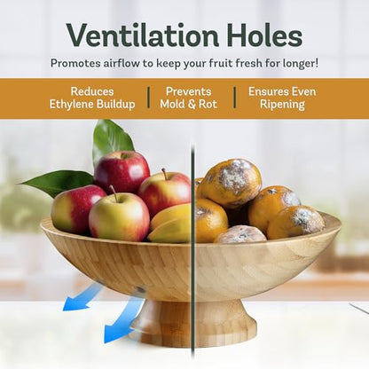 Wooden Fruit Bowl for Kitchen Counter, Bamboo Pedestal Fruit Basket, Vented - color: Bamboo
