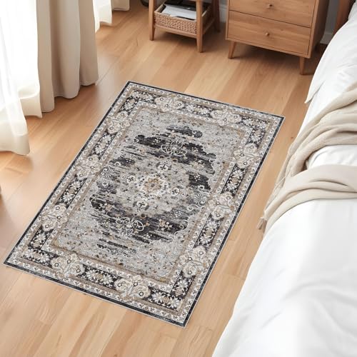 2x3 Washable Entryway Area Rug - Non-Slip Boho Throw Rugs Black Gray - color: Black/Gray, size: 2' x 3' (Rectangular)