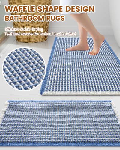 Smiry Waffle Bath Mat 72X16, Soft Absorbent Bathroom Rugs, Blue & Cream - color: Blue & Cream, size: 72'' X 16''