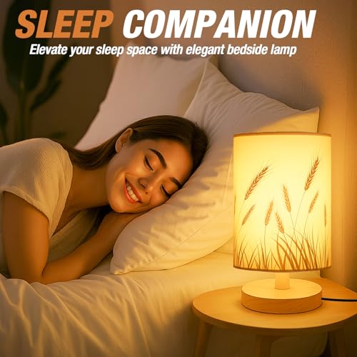 Desk Lamp LED Bulb Included, Small Bedside Table Lamp Plug-in - Classic Wood Base with Flaxen Fabric Shade, Lamps for Night Stands, Simple Nightstand Light for Bedroom, Office, Desk - color: Wheat Ear